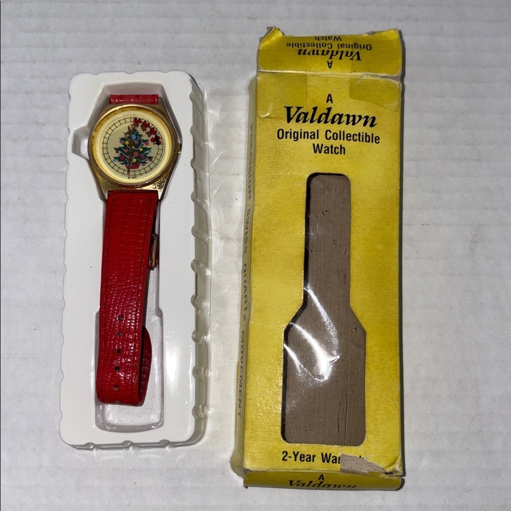Vintage Valdawn Christmas Tree Train Collectible Watch Red Band Swiss Quartz NIB